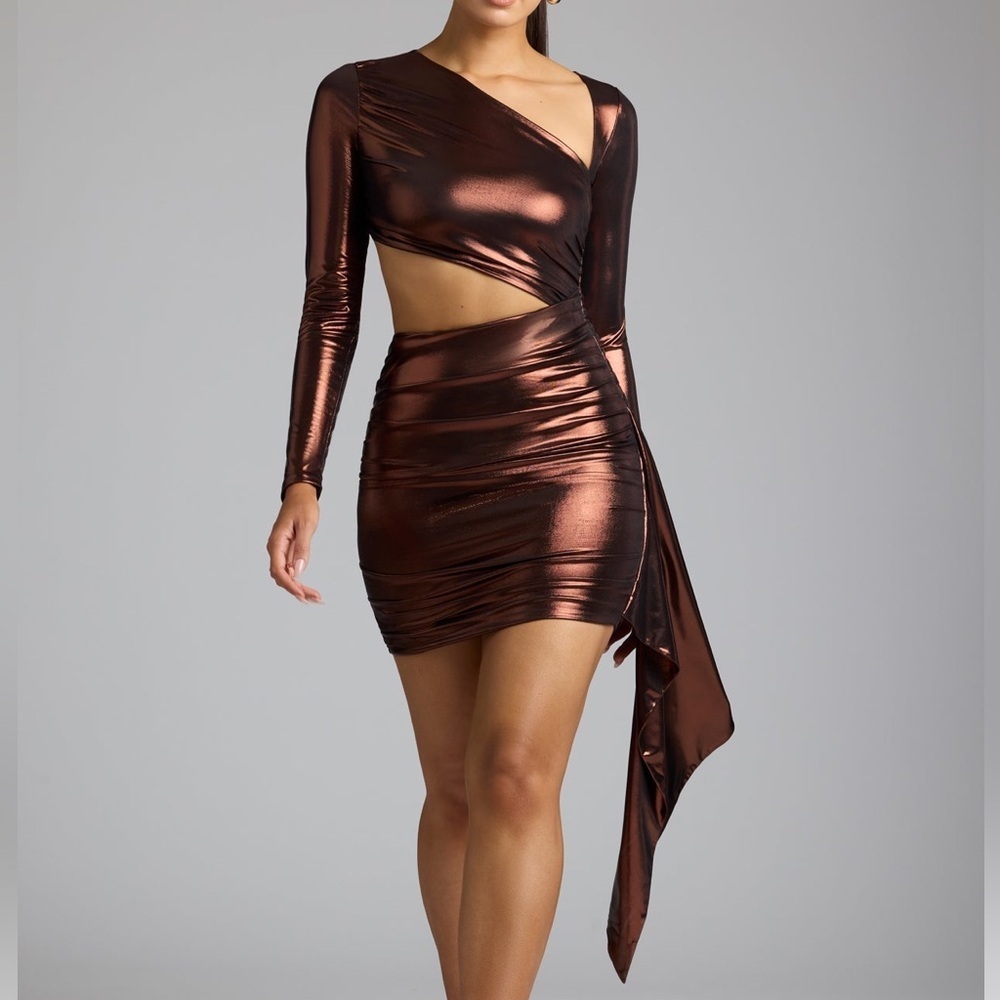 Oh Polly Nasira Bronze Cut Out Metallic Jersey Mini Dress Size US 10